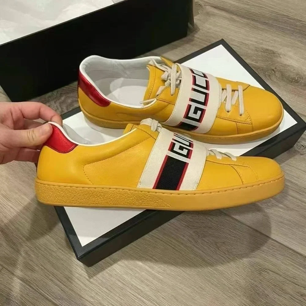Authentic Gucci Mens Ace Jacquard Lace Up Casual Sneaker Yellow Size 8.5 NIB